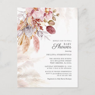 Invitation Carte Postale Herbe de la Pampa Bohème Fleurs Séchées Fille Baby