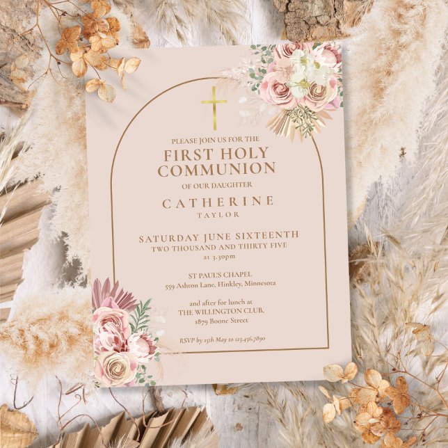 Invitation Carte Postale Herbe de Pampas Rose Arche dorée Première communio (Pink Pampas Grass Gold Arch First Holy Communion Invitation Postcard)