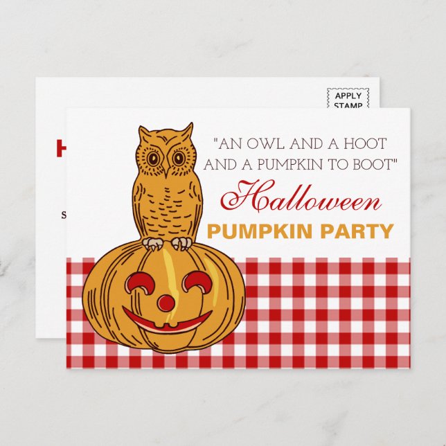Invitation Carte Postale Hibou sur Citrouille Halloween Citrouille Party In (Devant / Derrière)