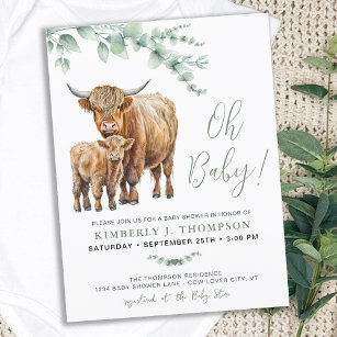 Invitation Carte Postale Highland Cow Boho Baby shower vert Sage