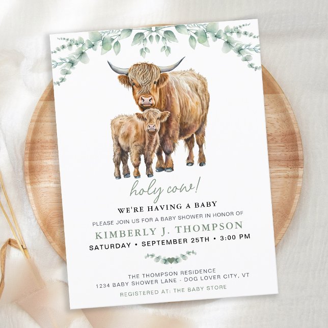 Invitation Carte Postale Highland Cow Sage Boho Baby shower verdoyant (Créateur téléchargé)