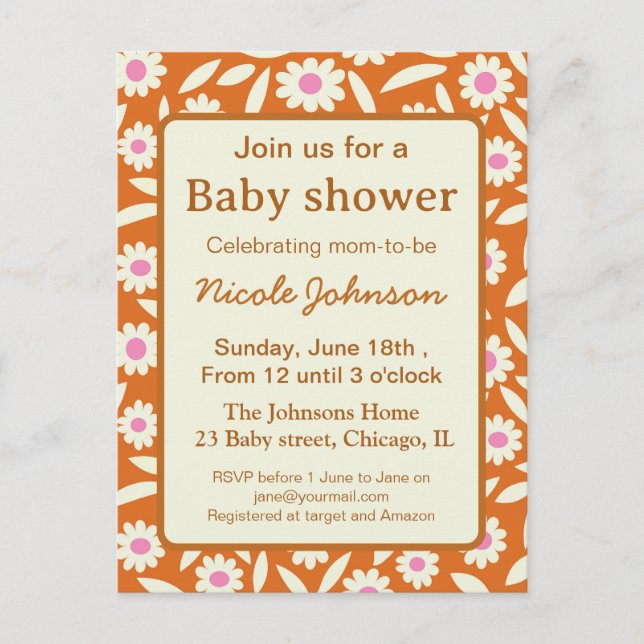 Invitation Carte Postale Hippie baby shower à fleurs de marguerite rétro (Devant)