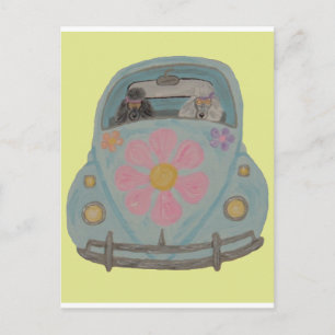 Invitation Carte Postale Hippie Caniches dans leur voiture d'amour Flower C