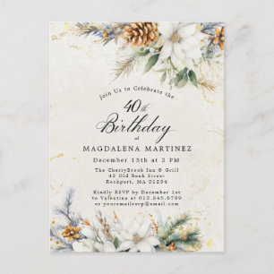 Invitation Carte Postale Hiver Blanc Floral verdure 40e anniversaire