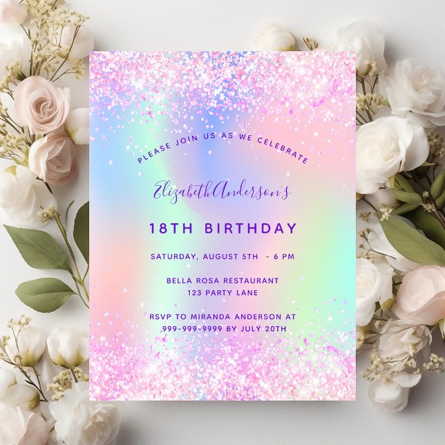 Invitation Carte Postale Hologramme rose violet d'anniversaire (Créateur téléchargé)