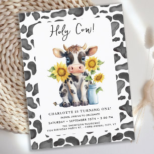 Invitation Carte Postale Holy Cow I'm One Sunflower Farm 1er Anniversaire