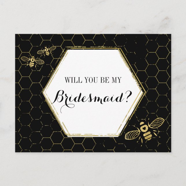 Invitation Carte Postale Honey Bee Black Gold Custom Bridesmaid Proposition (Devant)