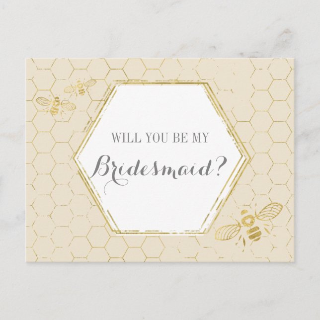 Invitation Carte Postale Honey Bee Cream Gold Custom Bridesmaid Proposition (Devant)