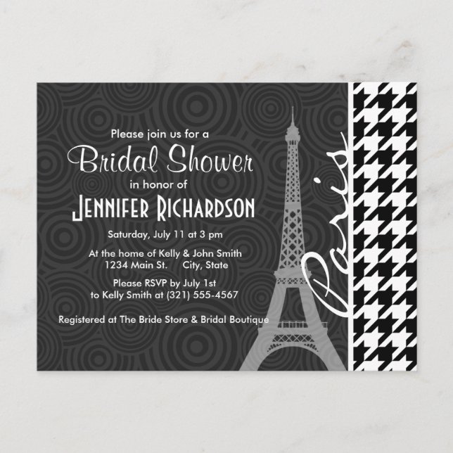 Invitation Carte Postale Houndstooth noir et blanc ; Paris (Devant)