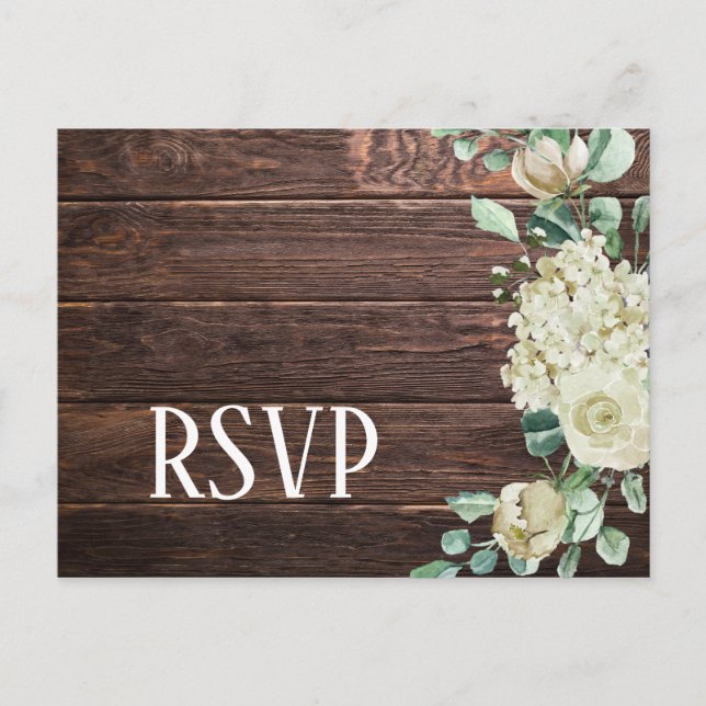 Invitation Carte Postale Hydrangea à rose blanche florale mariage bois somb (Devant)