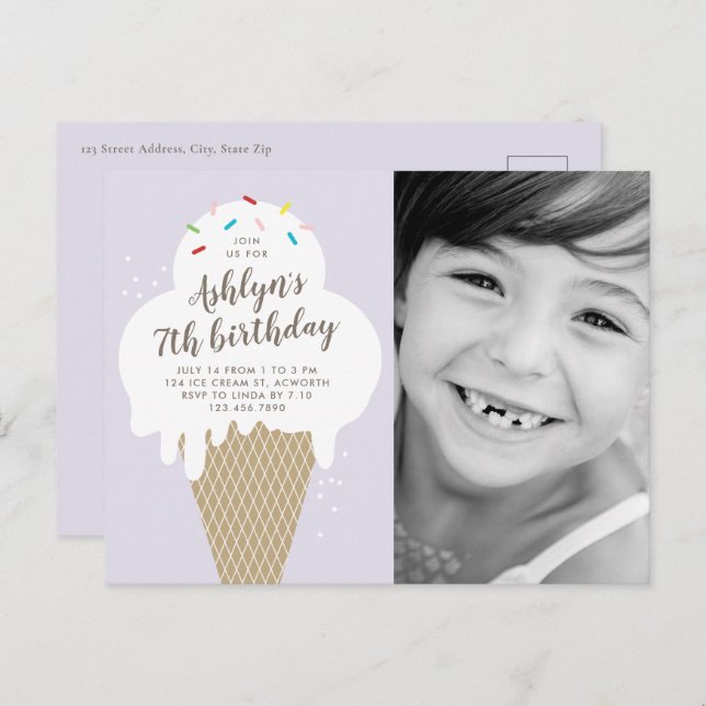 Invitation Carte Postale Ice Cream Cone Photo Party Anniversaire de enfant (Devant / Derrière)