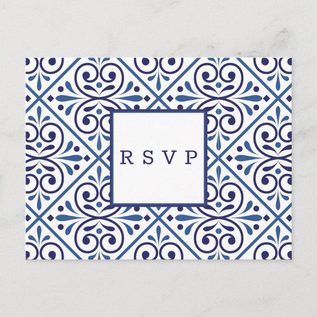 Invitation Carte Postale Indigo en tuile espagnole Mariage de marine RSVP R (Devant)