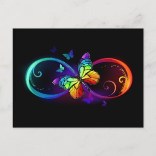 Invitation Carte Postale Infini vibrant avec papillon arc-en-ciel sur noir