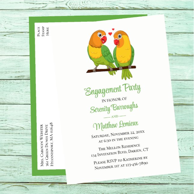 Invitation Carte Postale Inséparables Green Yellow Lovebird Engagement Part (Créateur téléchargé)