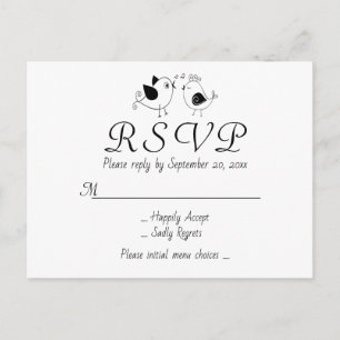Invitation Carte Postale Inséparables RSVP Mariage Noir Blanc Oiseaux Fête