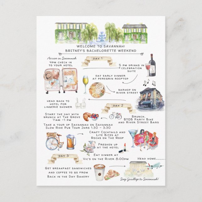 Invitation Carte Postale Itinéraire du week-end de bachelorette | Savannah, (Devant)