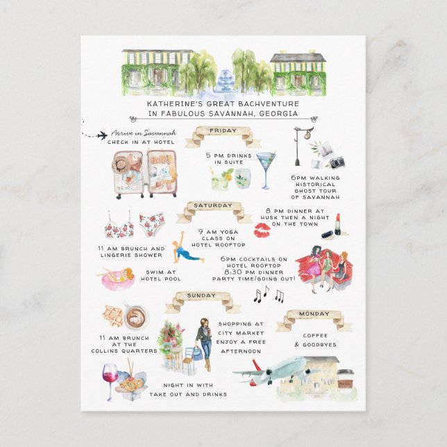 Invitation Carte Postale Itinéraire du week-end de bachelorette | Savannah, (Devant)