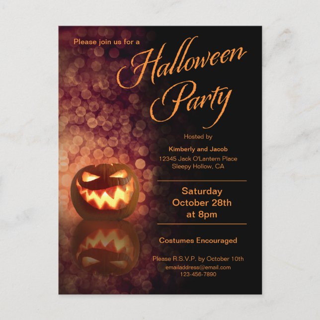Invitation Carte Postale Jack O'Lantern Hallowen Party Noir + Orange (Devant)