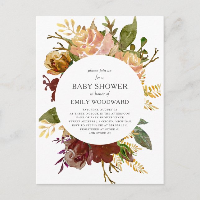 Invitation Carte Postale Jardin d'automne Rustique Baby shower floral (Devant)