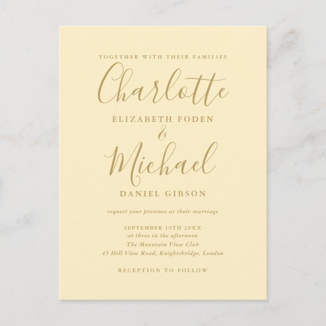 Invitation Carte Postale Jaune Bouton d'Or Et Mariage Script Or (Devant)