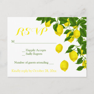 Invitation Carte Postale Jaune Réponse Mariage Aquarelle Citrons Vert