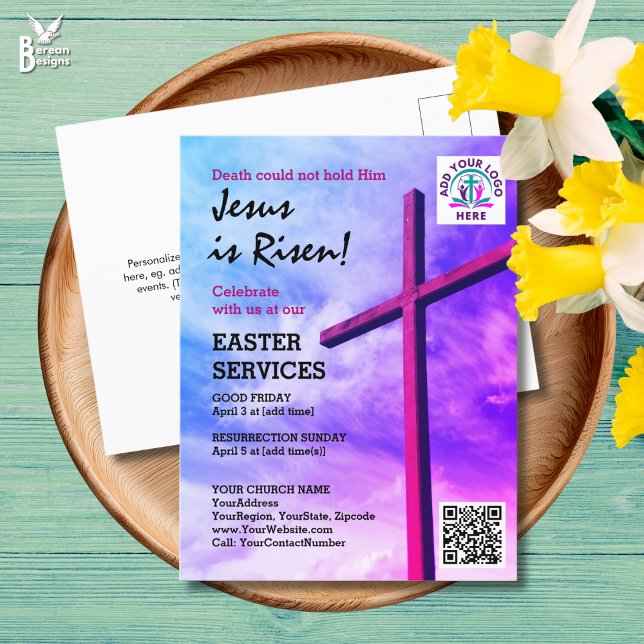 Invitation Carte Postale JESUS EST RELEVÉ Logo Code QR Services ÉGLISE PÂQU (EASTER Postcard Invitation for your church services. Customizable text with logo and QR code)