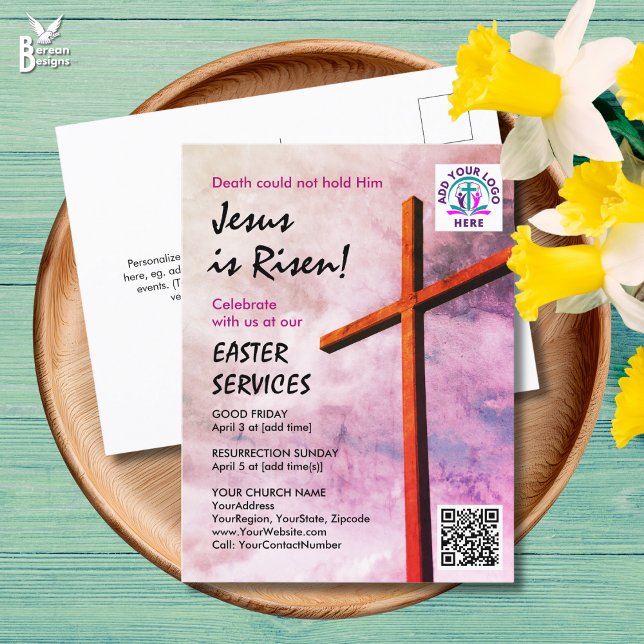 Invitation Carte Postale JÉSUS EST RESSUSCITÉ Logo Code QR Culte de l'églis (EASTER Postcard Invitation for your church services. Customizable text with logo and QR code)