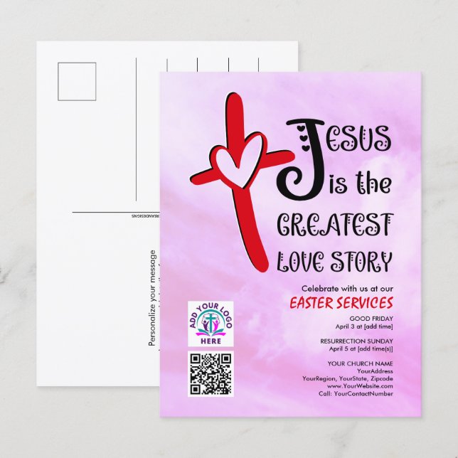 Invitation Carte Postale JESUS GREATEST LOVE STORY Logo QR Code EASTER (Devant / Derrière)