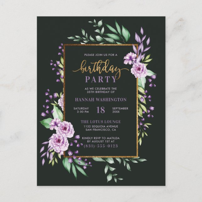 Invitation Carte Postale Jeu d'Anniversaire Chic Gold Script violet Botaniq (Devant)