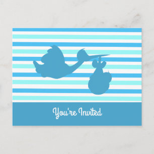 Invitation Carte Postale Joli Baby shower Bleu Striped Garçon avec Stork