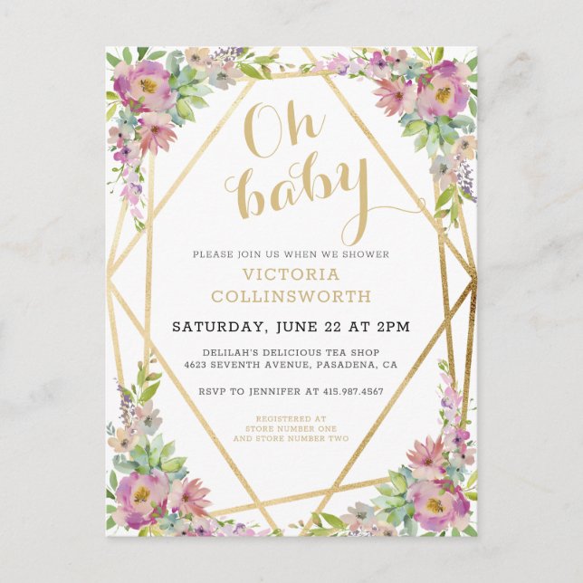 Invitation Carte Postale Joli Baby shower Floral Rose Or Géométrique En (Devant)