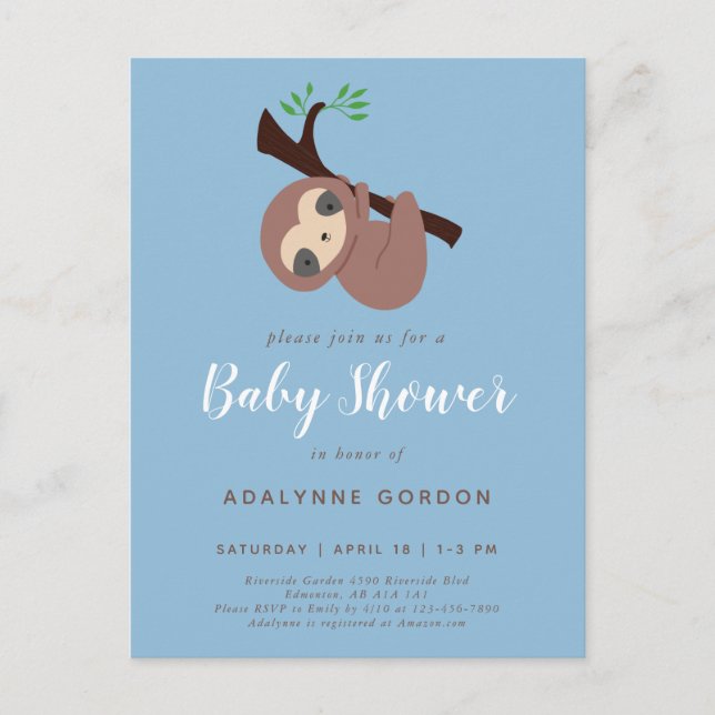 Invitation Carte Postale Joli Baby shower Sloth Boy Blue Calligraphy Invita (Devant)