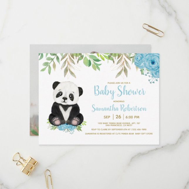 Invitation Carte Postale Joli bleu vert Boy Panda Baby shower Photo (Devant/Arrière en situation)