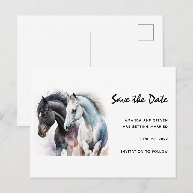Invitation Carte Postale Joli cheval peint en aquarelle Enregistrer la date (Devant / Derrière)