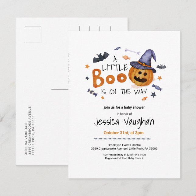 Invitation Carte Postale Joli Citrouille Halloween Baby shower Little Boo (Devant / Derrière)