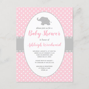 Invitation Carte Postale Joli Eléphant rose Polka Baby shower fille