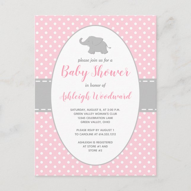 Invitation Carte Postale Joli Eléphant rose Polka Baby shower fille (Devant)