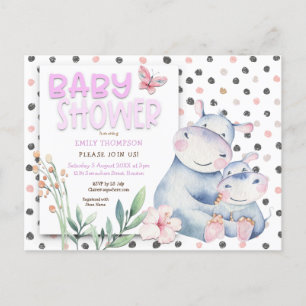 Invitation Carte Postale Joli Hippopotame Pois Baby shower rose