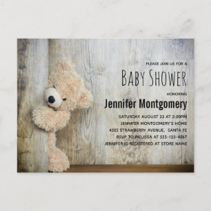 Invitation Carte Postale Joli Ours en Peluche Fond en Bois Rustique Baby Sh