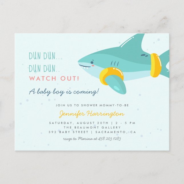 Invitation Carte Postale Joli requin avec bandes de bras Baby shower d'été (Devant)
