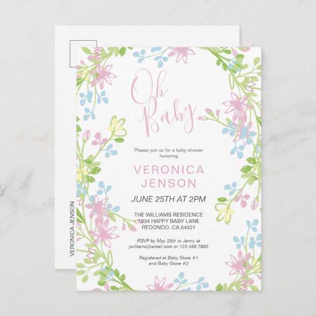 Invitation Carte Postale Joli rose Floral Oh Baby Girl Baby shower (Devant / Derrière)