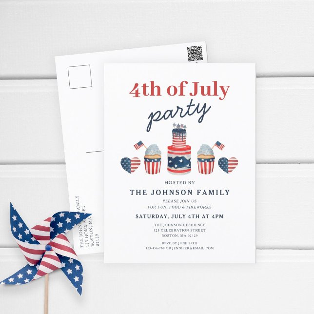 Invitation Carte Postale Jolie 4 juillet Rouge Blanc Et Bleu (Patriotic Red White & Blue 4th Of July Party Invitation Postcard)