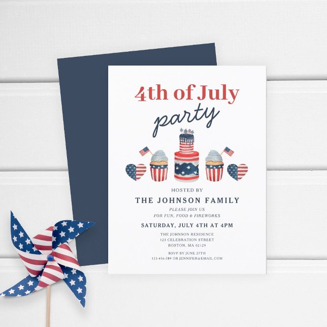 Invitation Carte Postale Jolie 4 juillet Rouge Blanc Et Bleu (Patriotic Cute Red White & Blue Cake 4th Of July Invitation Postcard)