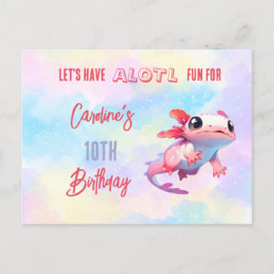 Invitation Carte Postale Jolie fête d'anniversaire Axolotl Rose Arc-en-ciel