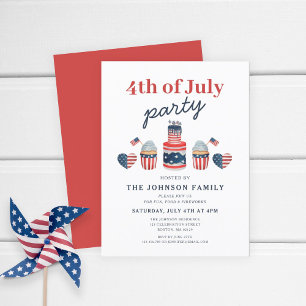 Invitation Carte Postale Jolie fête du 4 juillet rouge, blanc et bleu