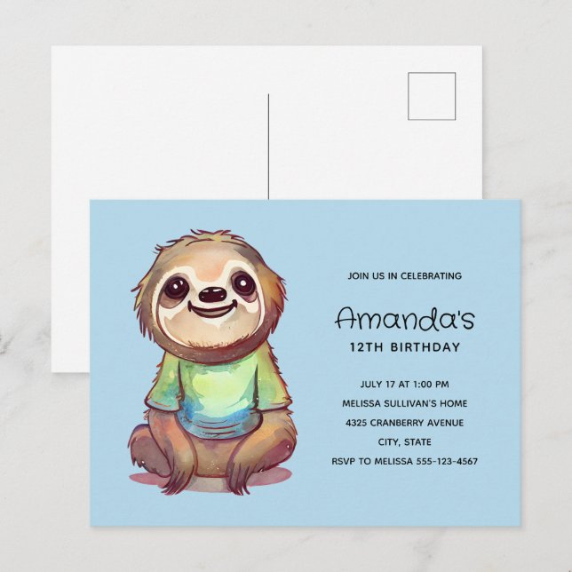 Invitation Carte Postale Jolie Sloth portant une chemise Anniversaire (Devant / Derrière)