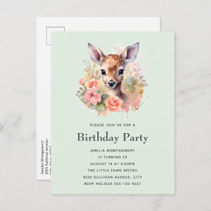 Invitation Carte Postale Jote Cerf Entouré D'Anniversaire Rose