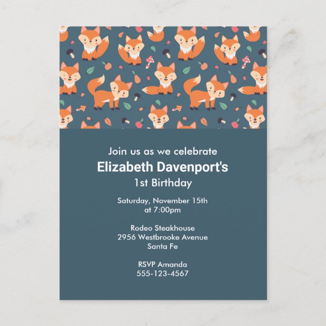 Invitation Carte Postale Jote Orange Fox Motif Anniversaire (Devant)