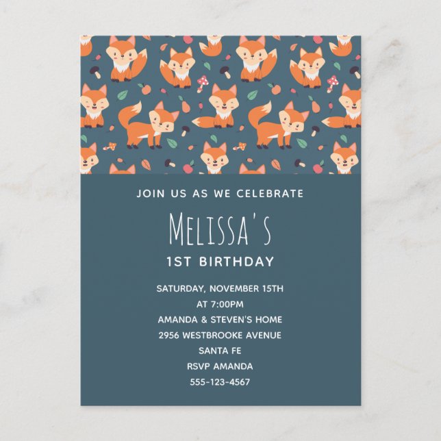 Invitation Carte Postale Jote Orange Fox Motif Anniversaire (Devant)