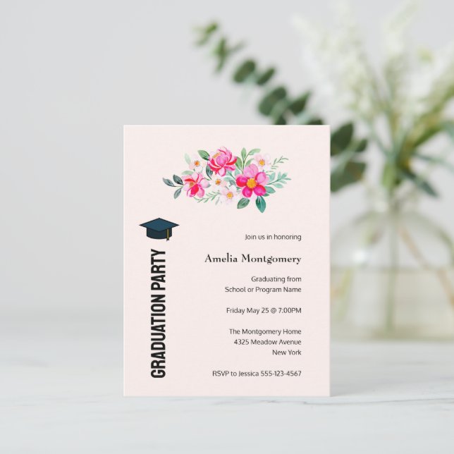Invitation Carte Postale Jouer Jolie Fleurs Roses Partie de graduation (Debout devant)